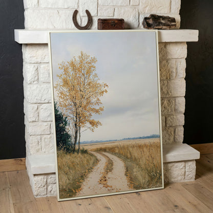 Golden Autumn Country Road Canvas in white floating frame