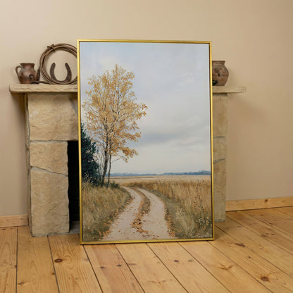 Golden Autumn Country Road Canvas in yellow gold floating frame
