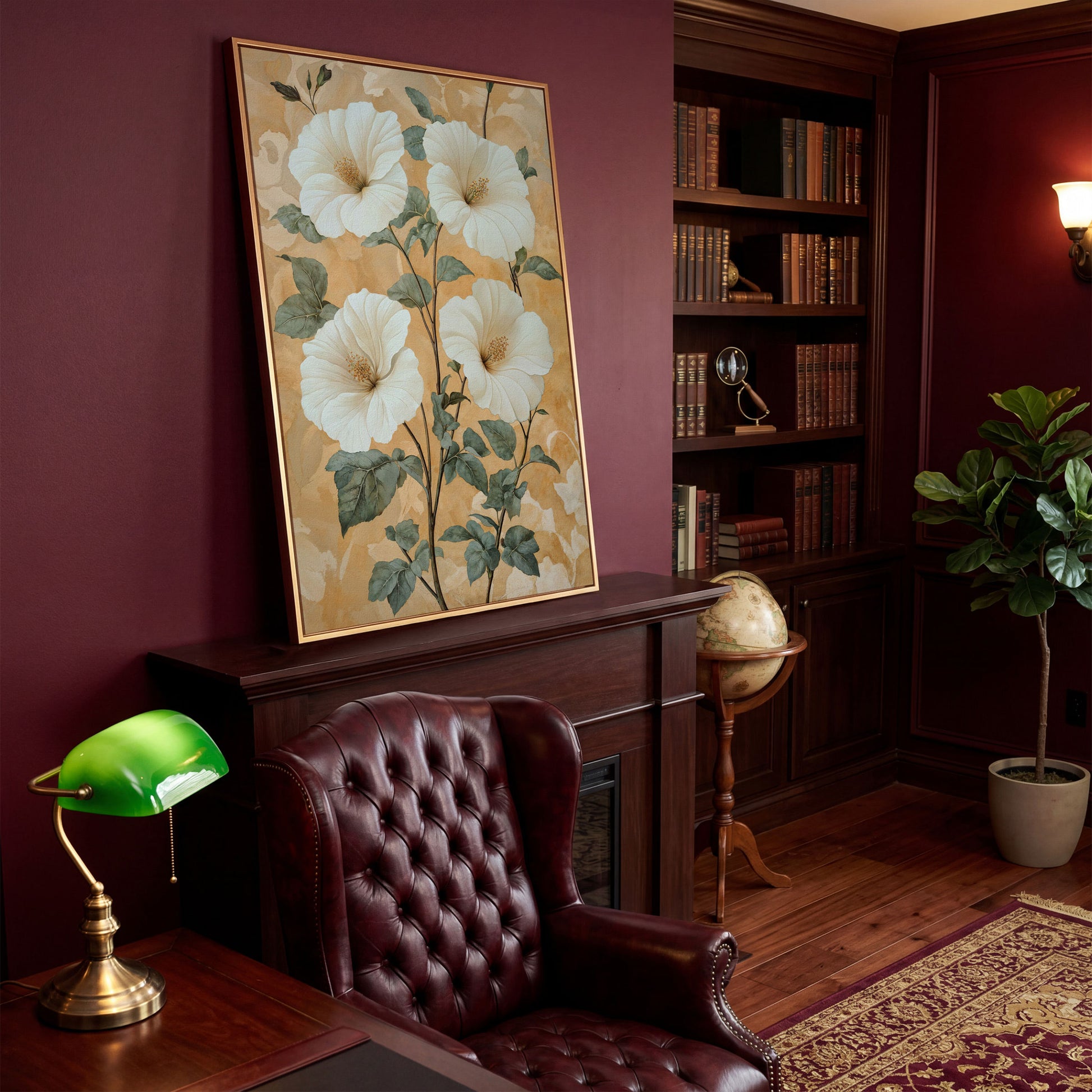 Vintage Hibiscus Botanical Canvas in Cream and Sage in antique gold floating frame