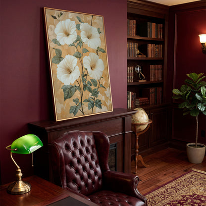 Vintage Hibiscus Botanical Canvas in Cream and Sage in antique gold floating frame
