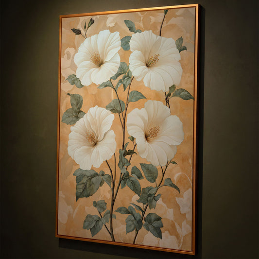 Vintage Hibiscus Botanical Canvas in Cream and Sage shown in antique gold floating frame