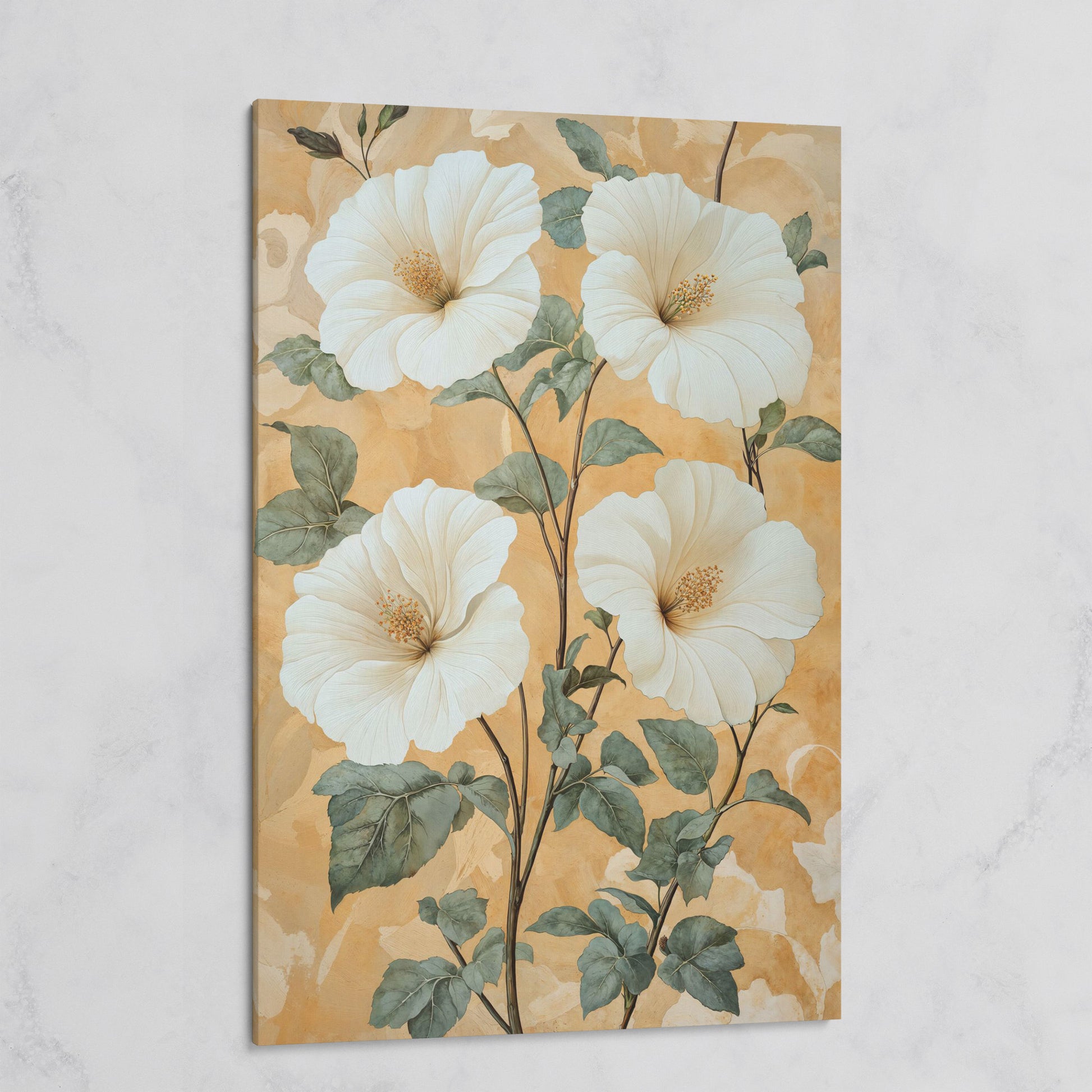 Vintage Hibiscus Botanical Canvas in Cream and Sage on gallery wrap