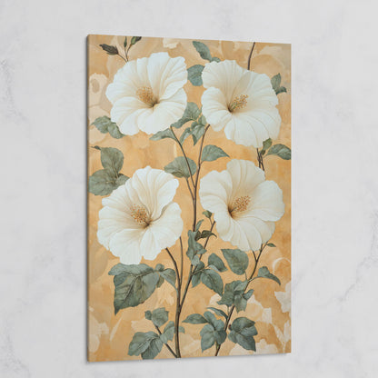 Vintage Hibiscus Botanical Canvas in Cream and Sage on gallery wrap