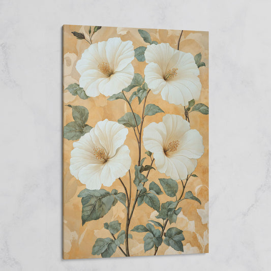 Vintage Hibiscus Botanical Canvas in Cream and Sage on gallery wrap