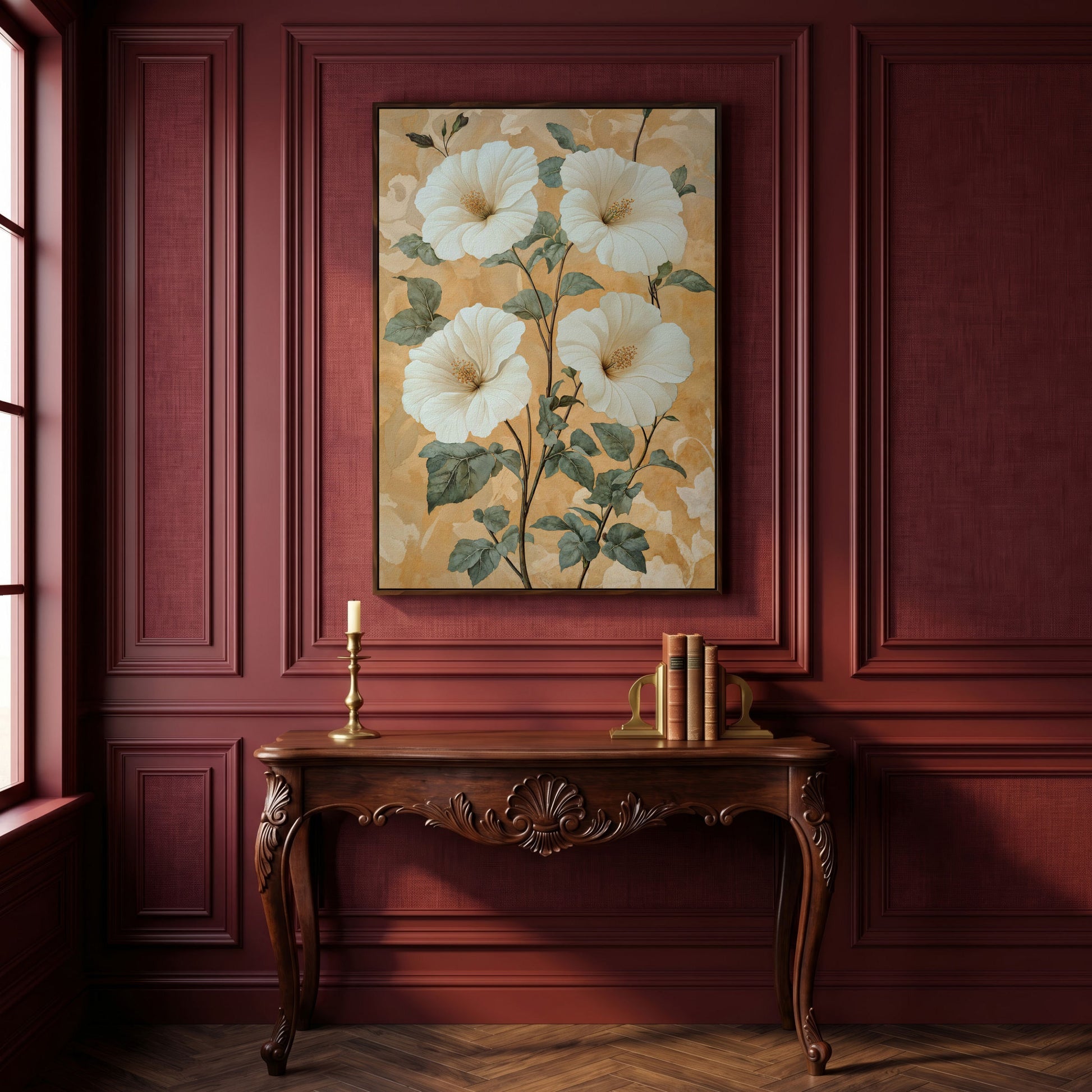 Vintage Hibiscus Botanical Canvas in Cream and Sage in dark walnut floating frame
