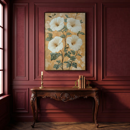 Vintage Hibiscus Botanical Canvas in Cream and Sage in dark walnut floating frame
