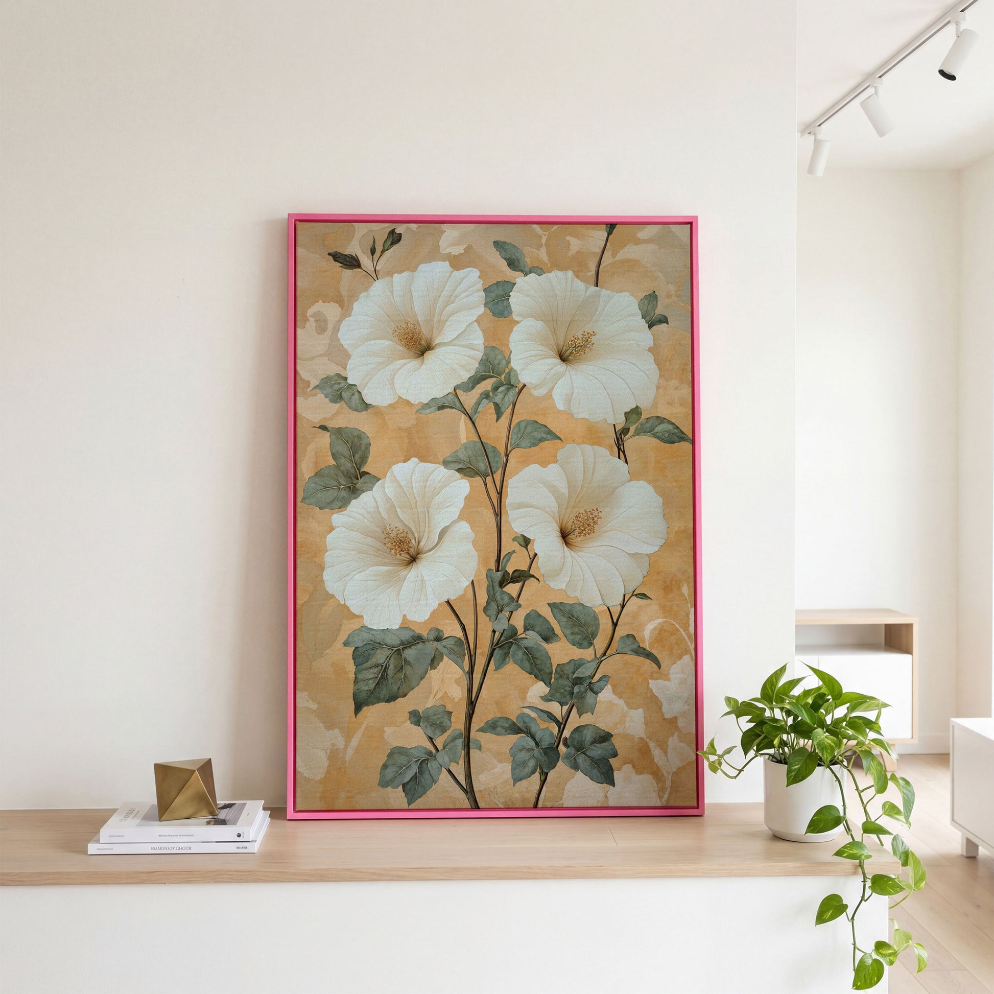 Vintage Hibiscus Botanical Canvas in Cream and Sage in pink floating frame