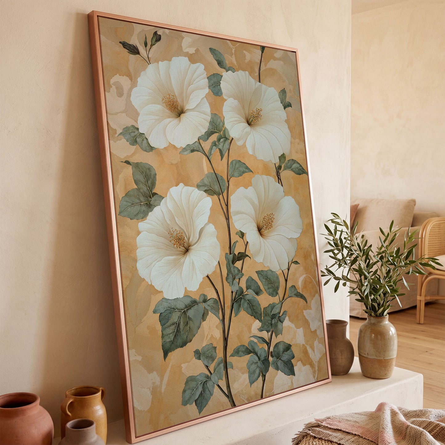 Vintage Hibiscus Botanical Canvas in Cream and Sage in rose gold floating frame