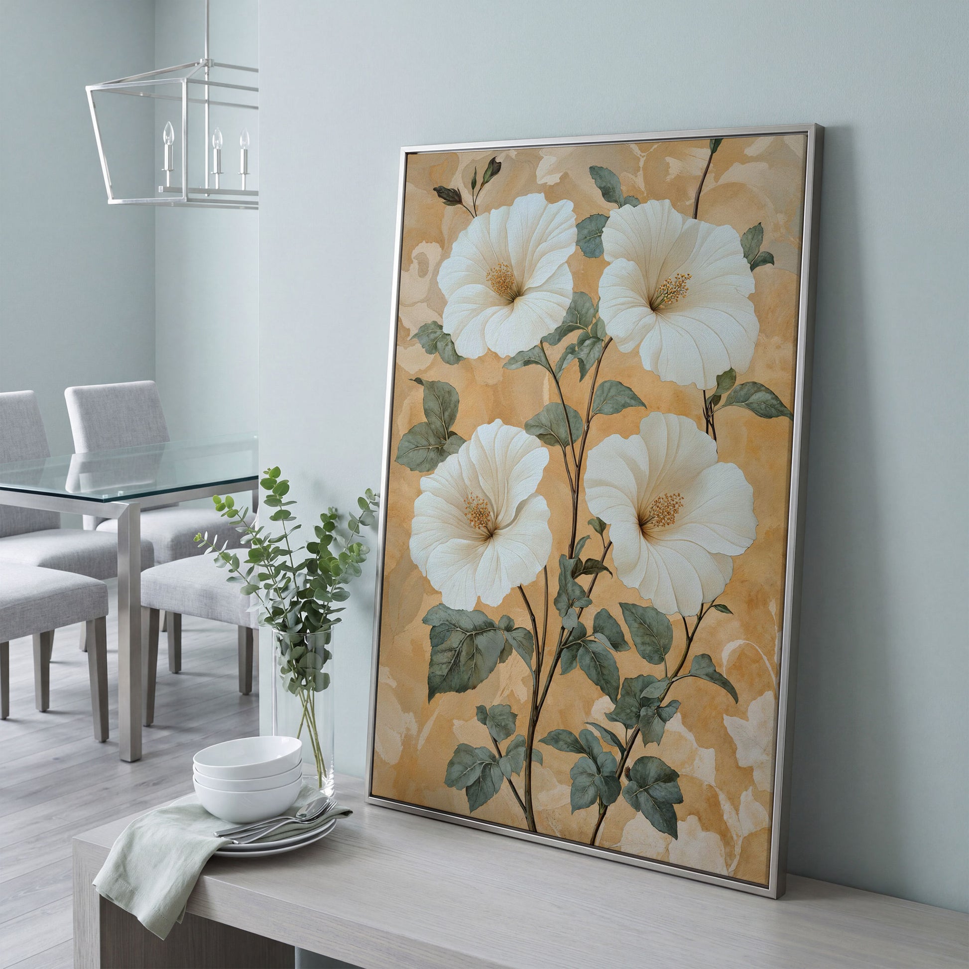 Vintage Hibiscus Botanical Canvas in Cream and Sage in silver floating frame