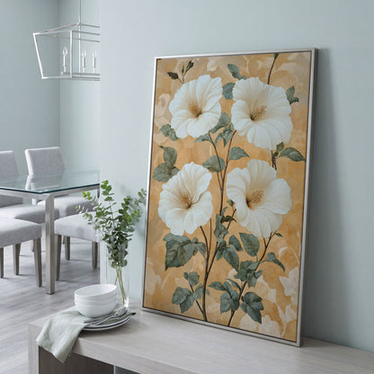 Vintage Hibiscus Botanical Canvas in Cream and Sage in silver floating frame