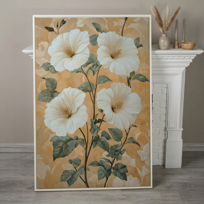 Vintage Hibiscus Botanical Canvas in Cream and Sage in white floating frame