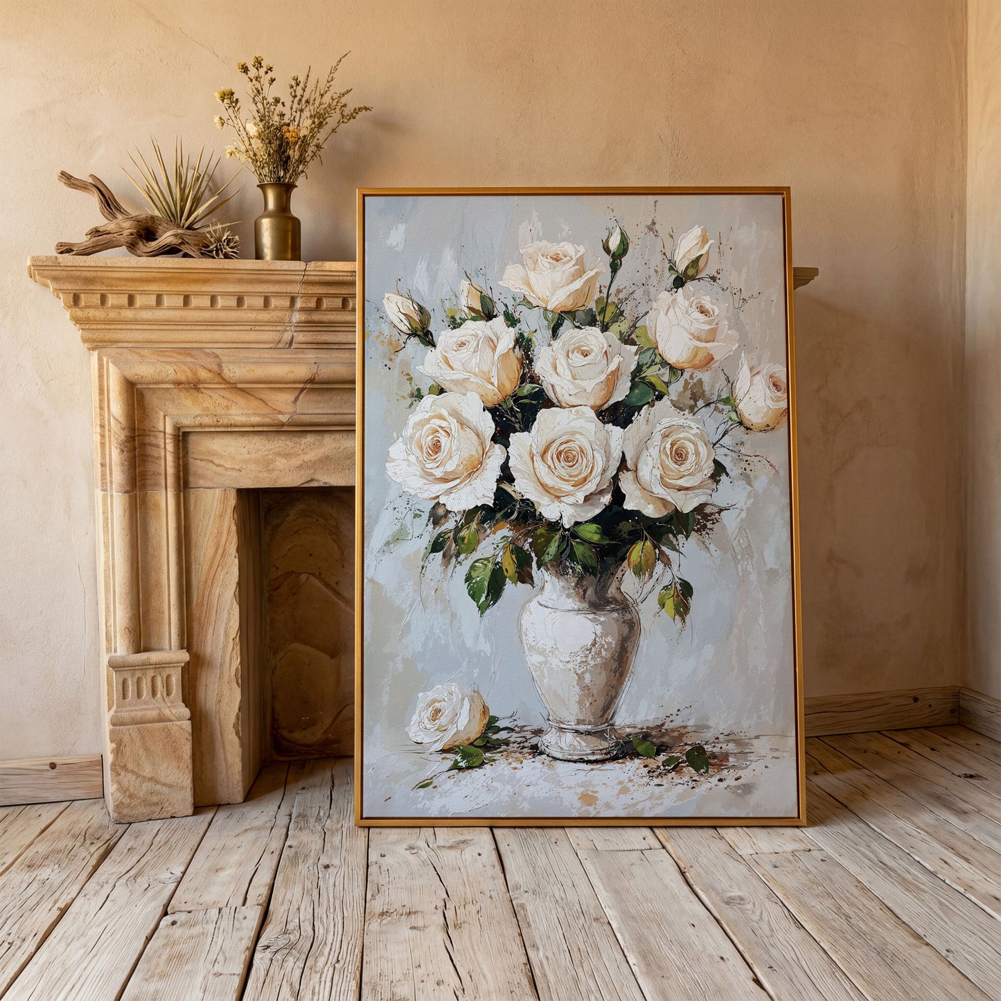 White Roses Bouquet Canvas Print, Vintage Floral in antique gold floating frame