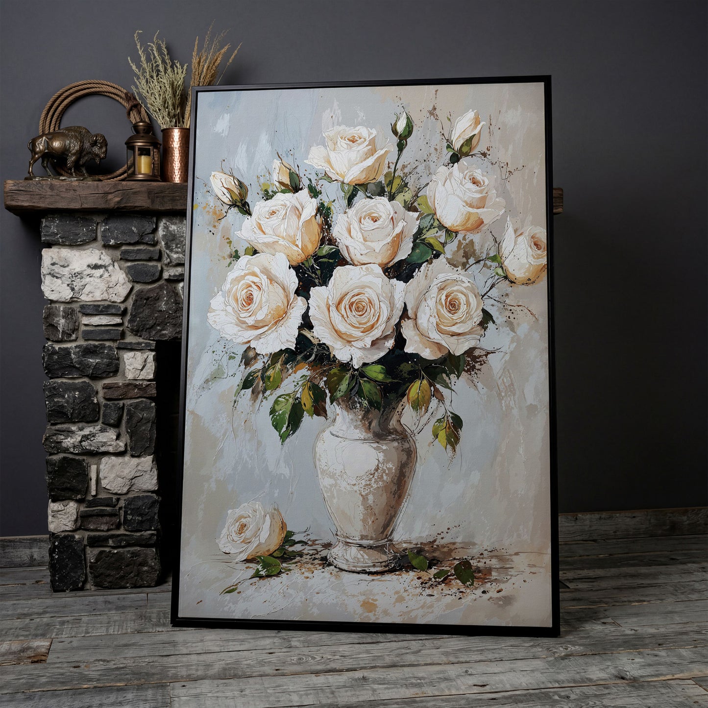 White Roses Bouquet Canvas Print, Vintage Floral in black floating frame
