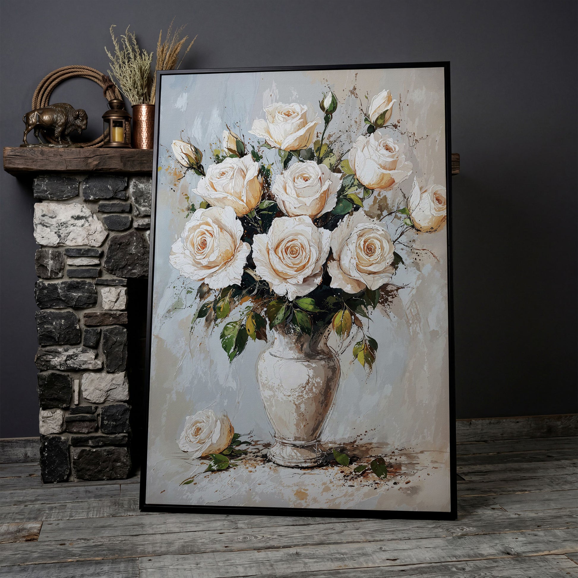 White Roses Bouquet Canvas Print, Vintage Floral in black floating frame