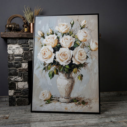 White Roses Bouquet Canvas Print, Vintage Floral in black floating frame