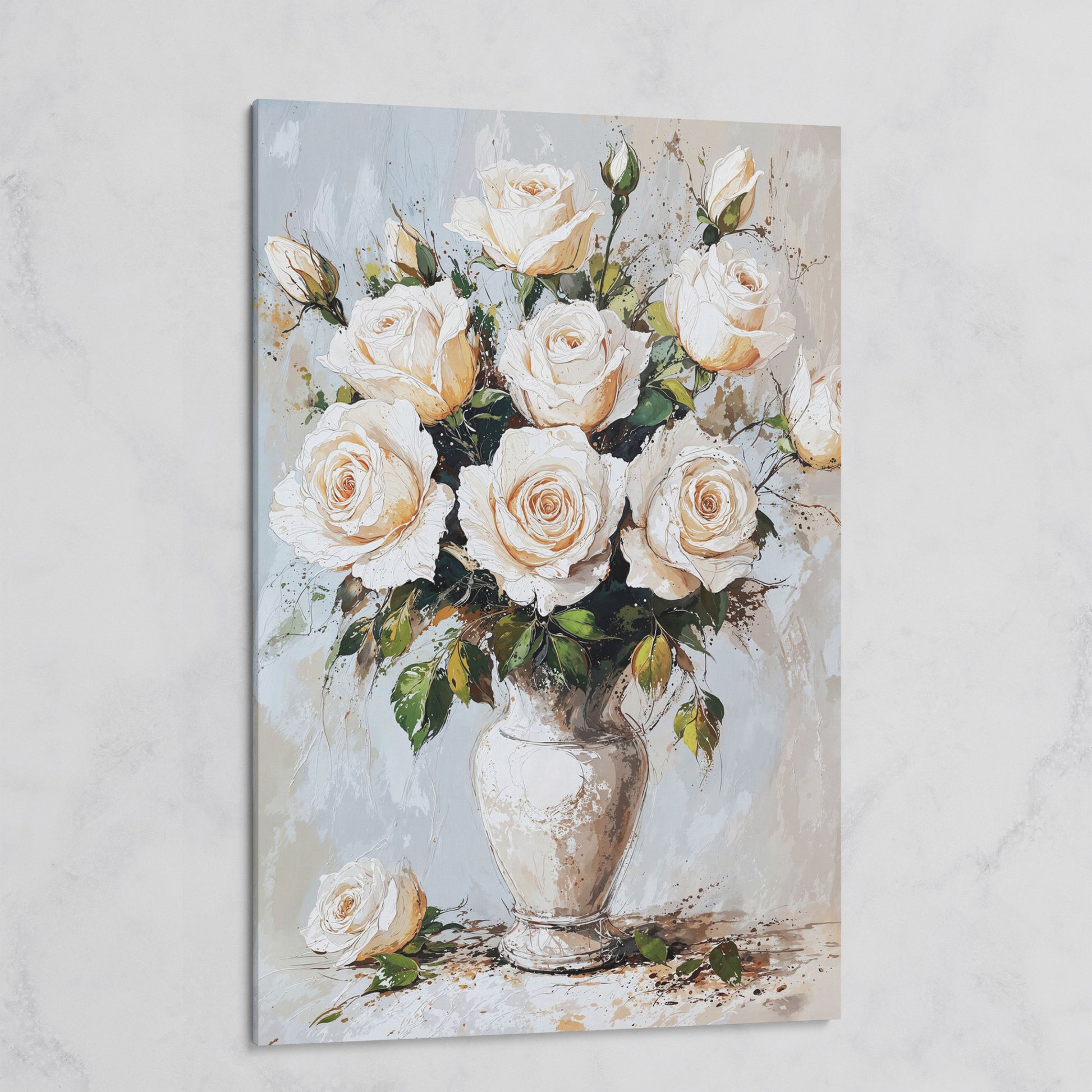 White Roses Bouquet Canvas Print, Vintage Floral on gallery wrap