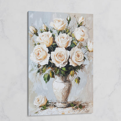 White Roses Bouquet Canvas Print, Vintage Floral on gallery wrap