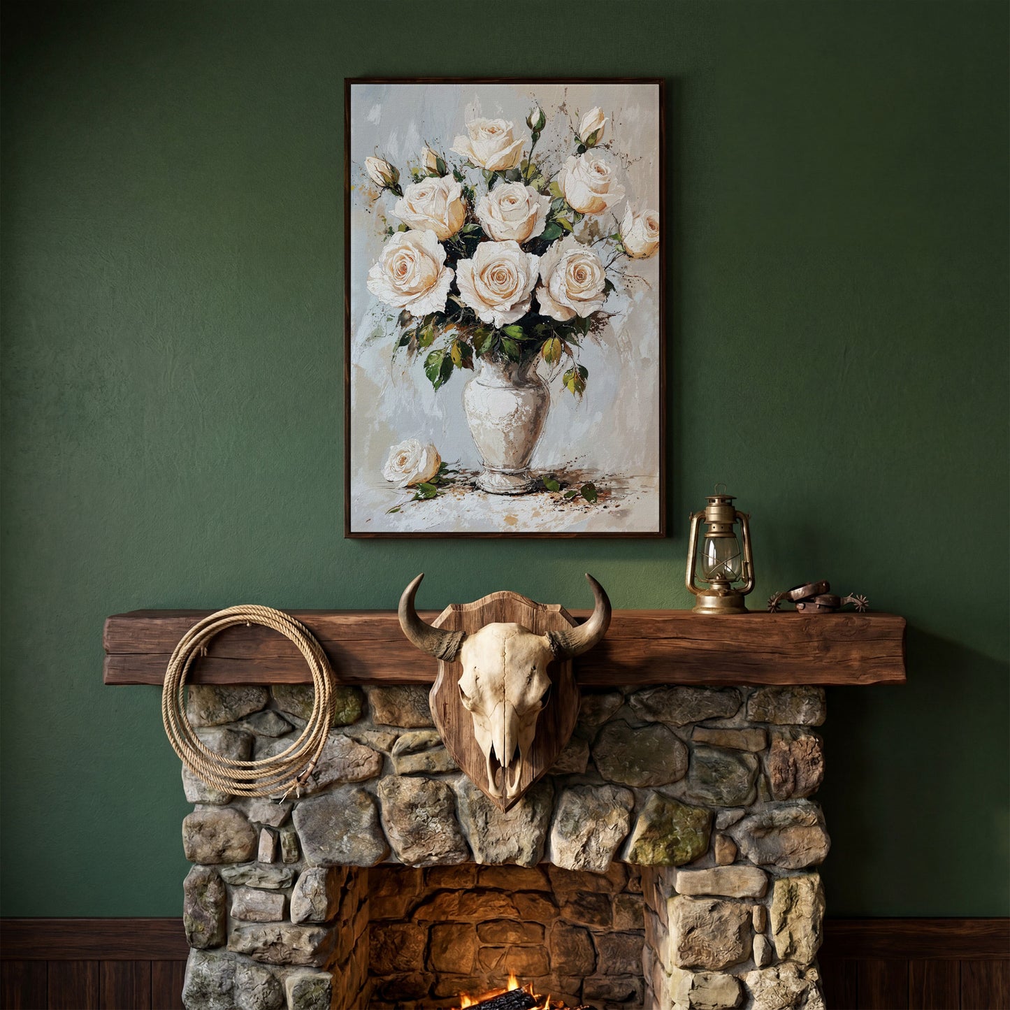 White Roses Bouquet Canvas Print, Vintage Floral in dark walnut floating frame