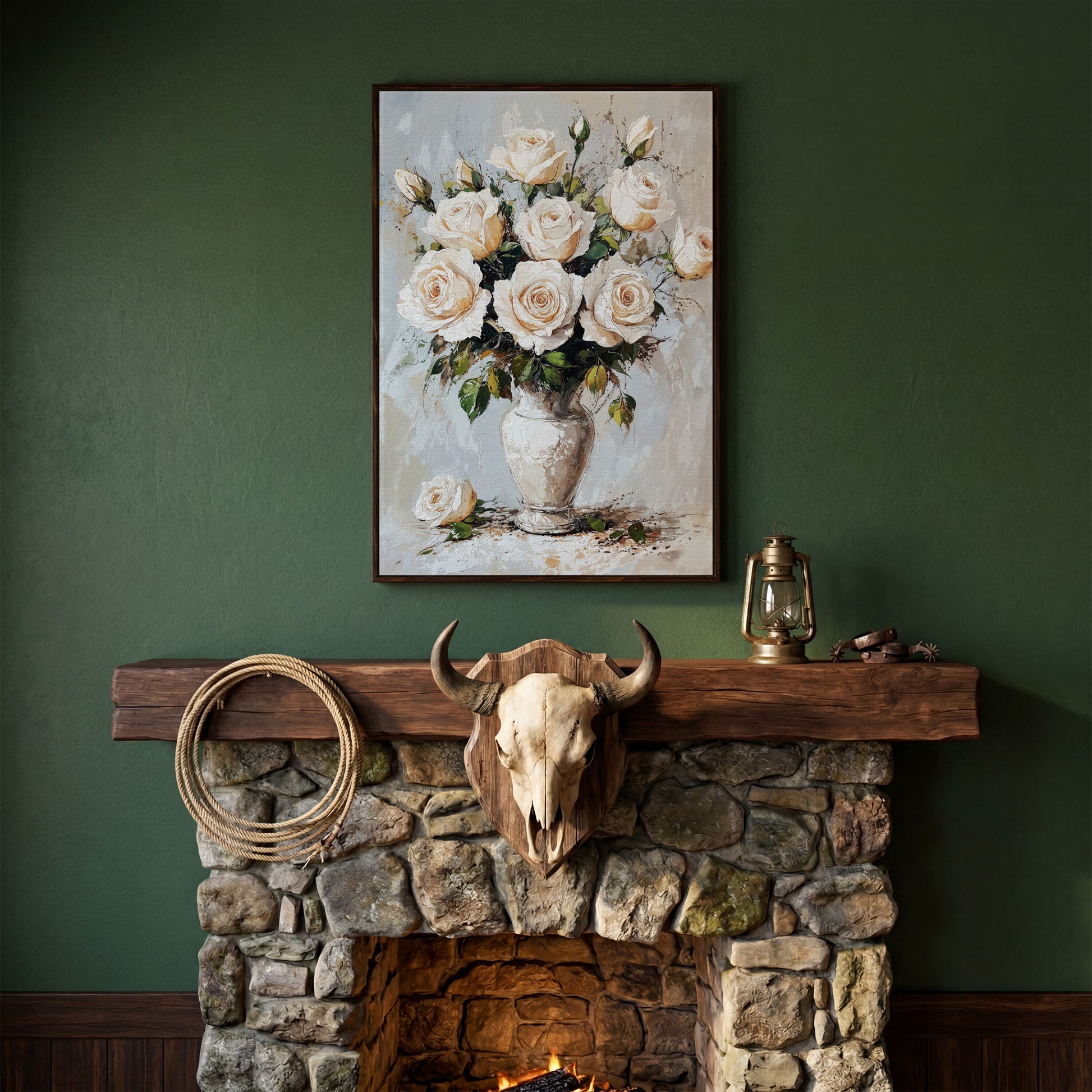 White Roses Bouquet Canvas Print, Vintage Floral in dark walnut floating frame