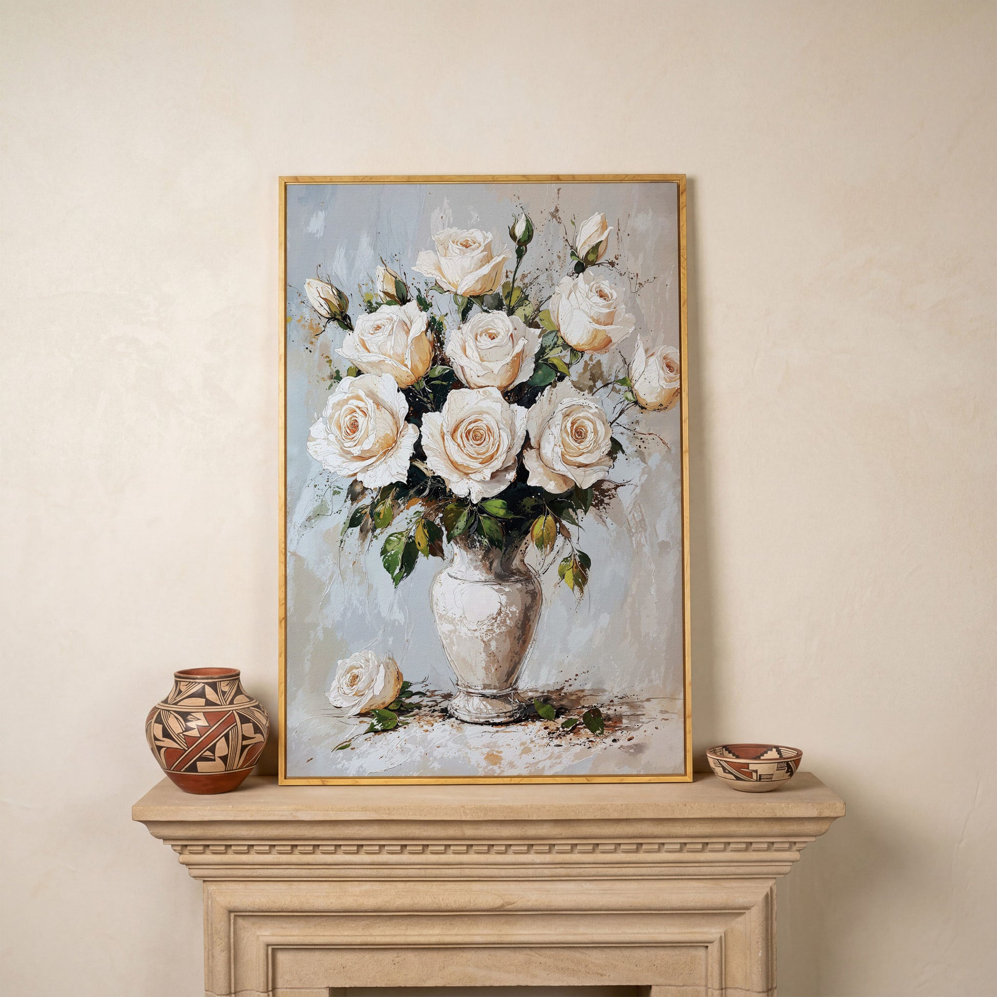 White Roses Bouquet Canvas Print, Vintage Floral in white oak floating frame