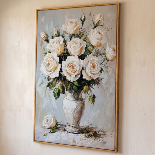 White Roses Bouquet Canvas Print, Vintage Floral shown in white oak floating frame
