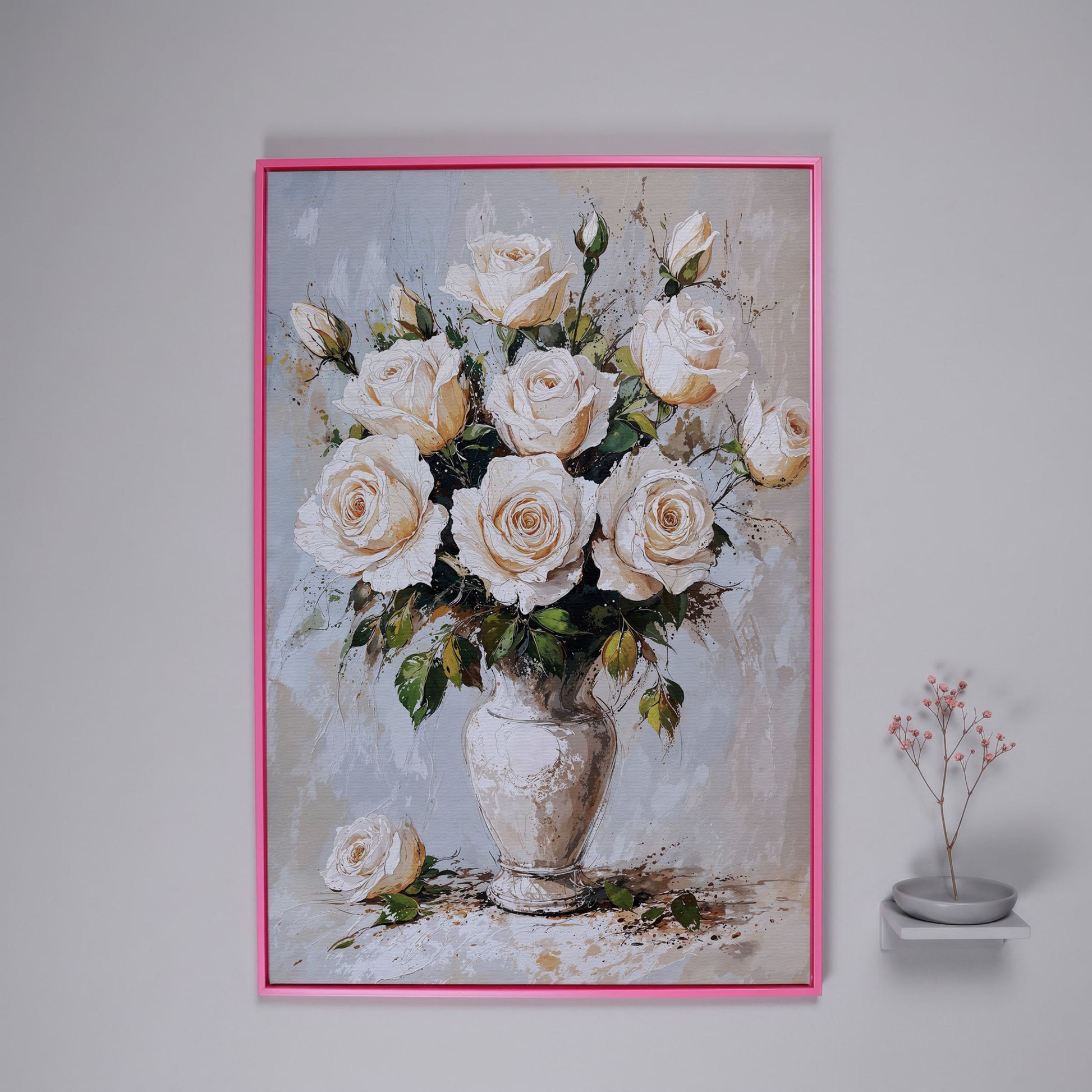 White Roses Bouquet Canvas Print, Vintage Floral in pink floating frame