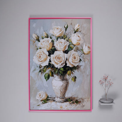 White Roses Bouquet Canvas Print, Vintage Floral in pink floating frame