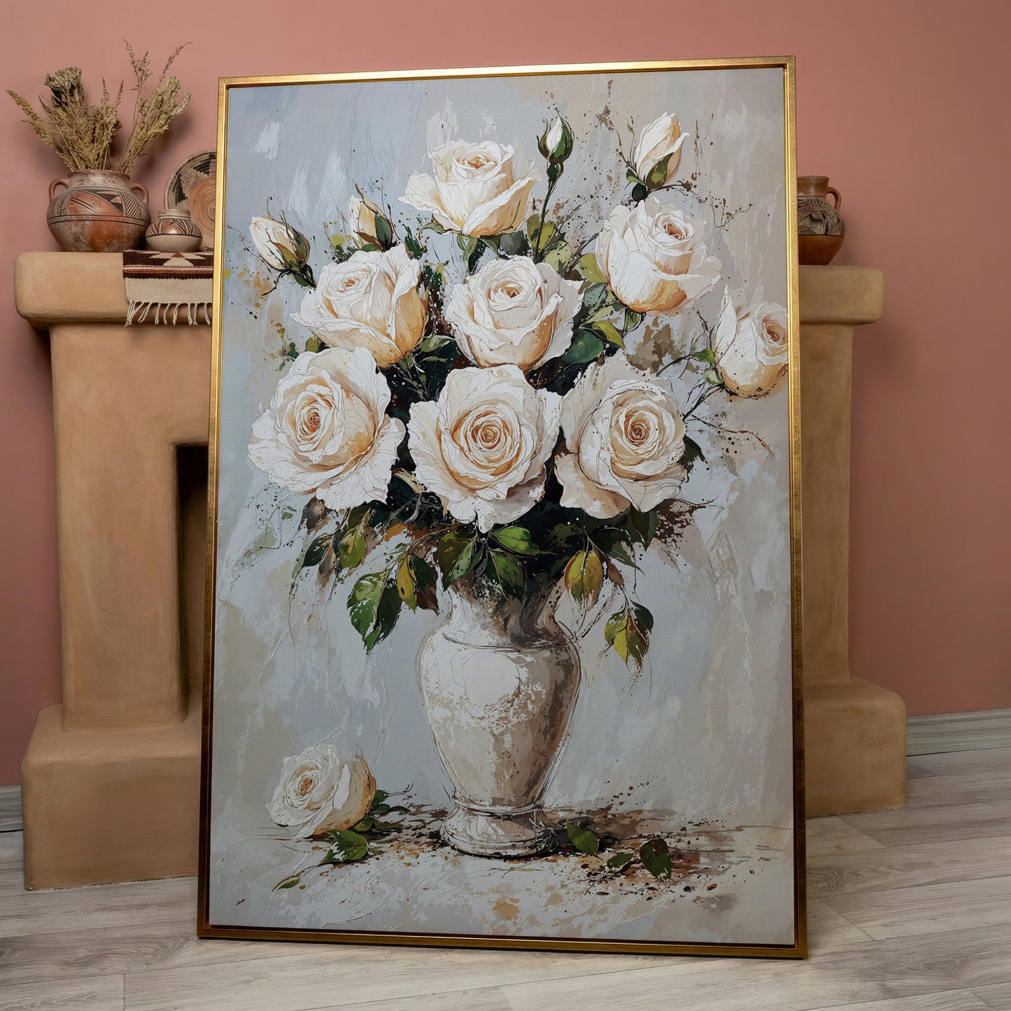 White Roses Bouquet Canvas Print, Vintage Floral in rose gold floating frame
