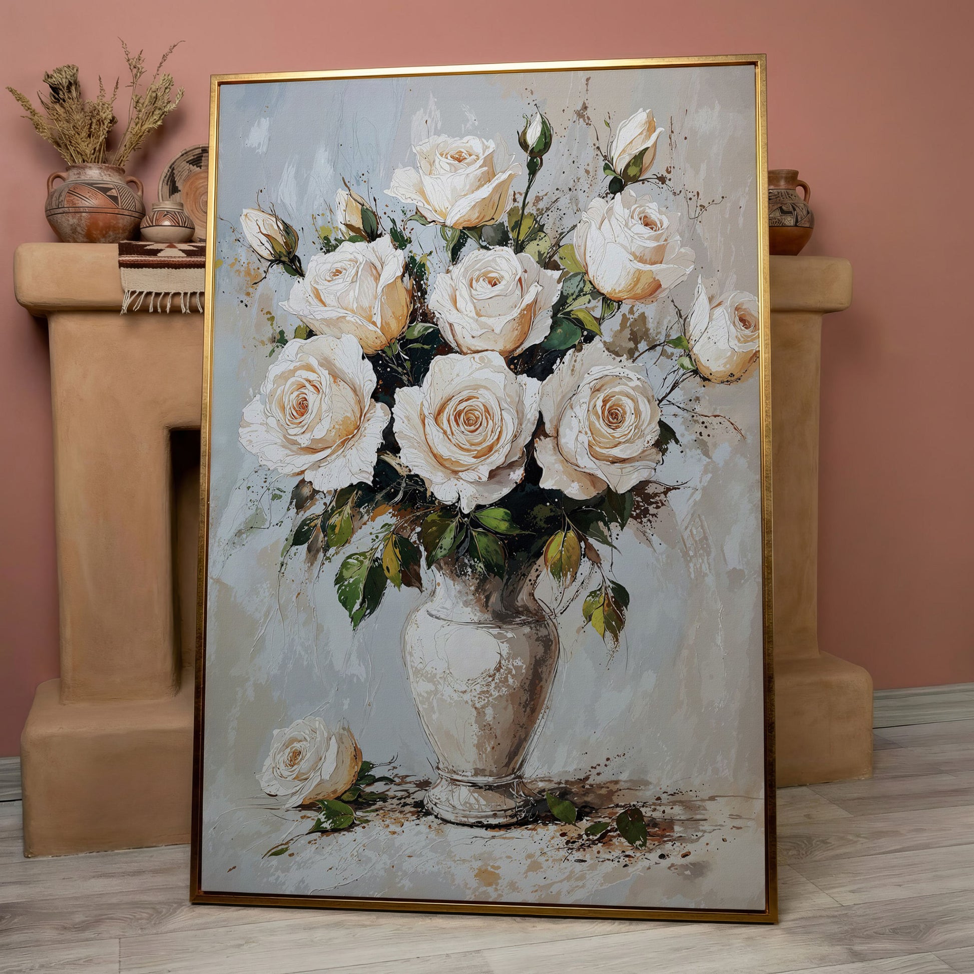 White Roses Bouquet Canvas Print, Vintage Floral in rose gold floating frame