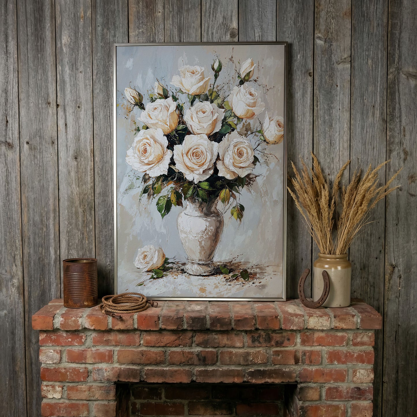 White Roses Bouquet Canvas Print, Vintage Floral in silver floating frame