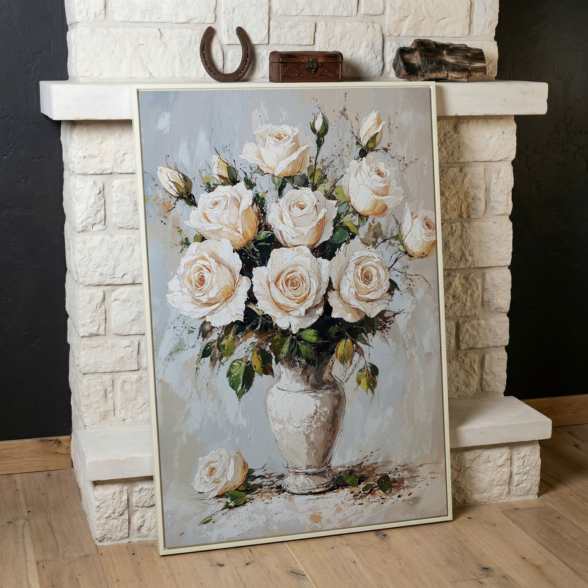 White Roses Bouquet Canvas Print, Vintage Floral in white floating frame