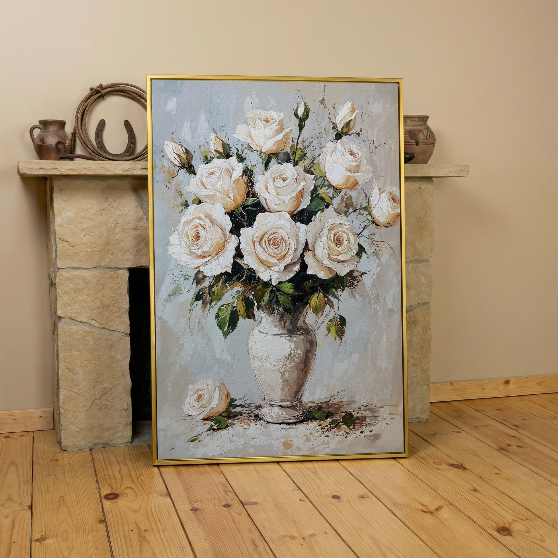 White Roses Bouquet Canvas Print, Vintage Floral in yellow gold floating frame