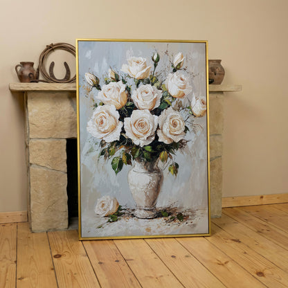 White Roses Bouquet Canvas Print, Vintage Floral in yellow gold floating frame
