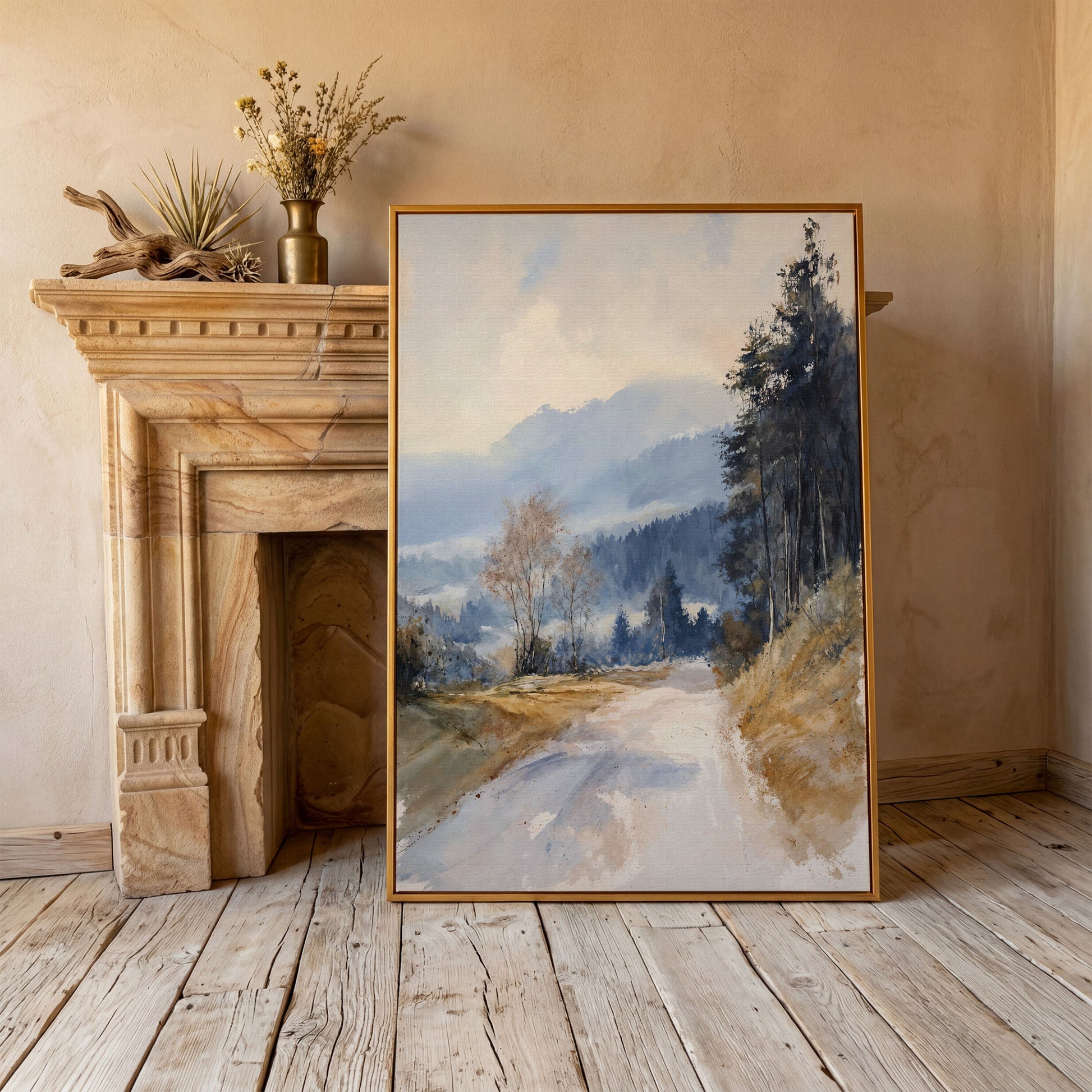 Country Road into Mist and Mountains Canvas in antique gold floating frame