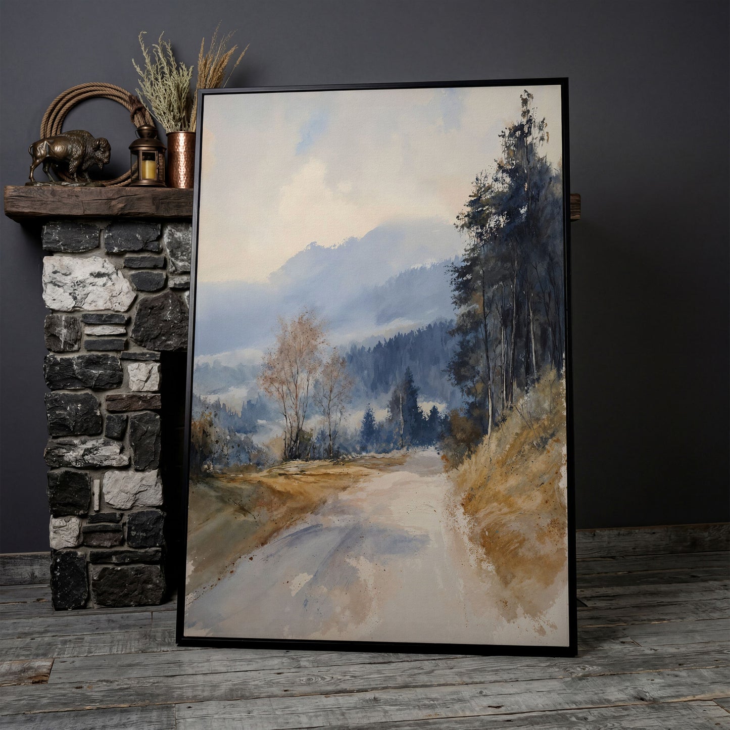 Country Road into Mist and Mountains Canvas in black floating frame