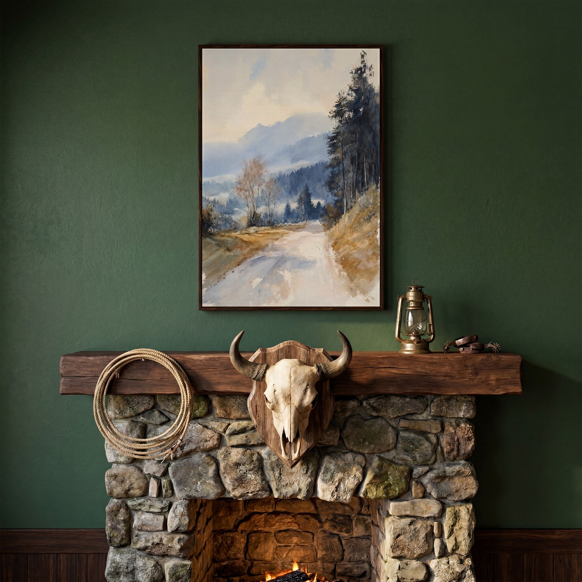 Country Road into Mist and Mountains Canvas in dark walnut floating frame