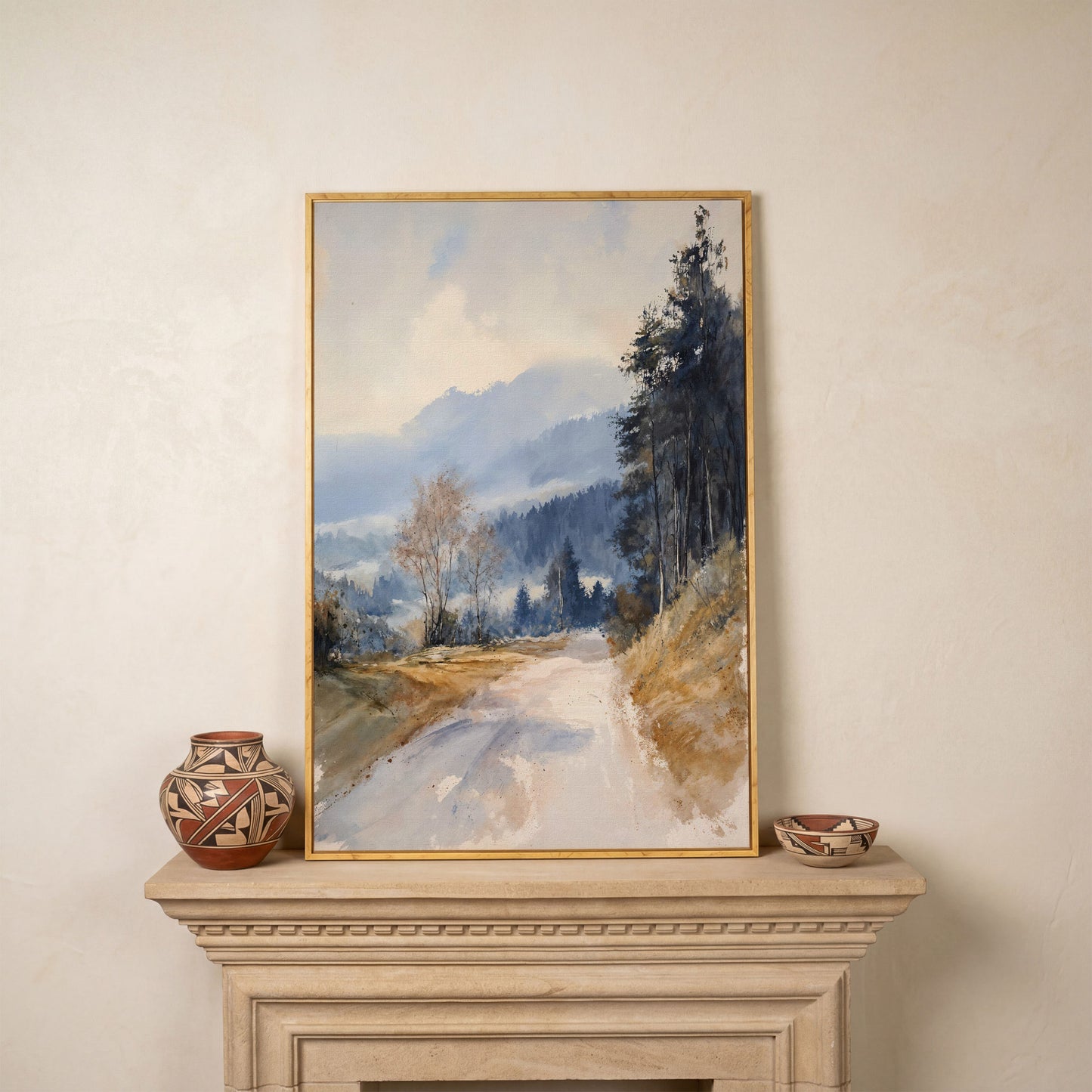 Country Road into Mist and Mountains Canvas in white oak floating frame