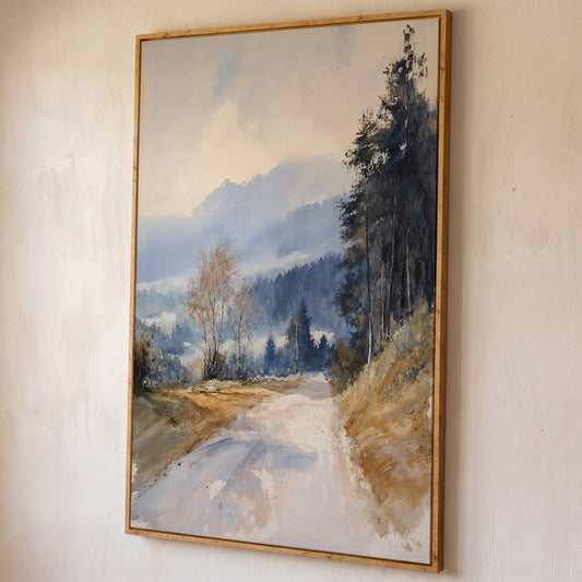 Country Road into Mist and Mountains Canvas shown in white oak floating frame
