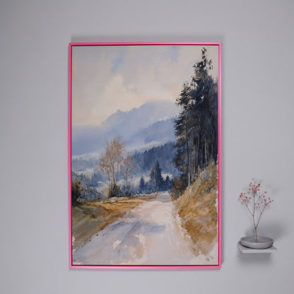 Country Road into Mist and Mountains Canvas in pink floating frame