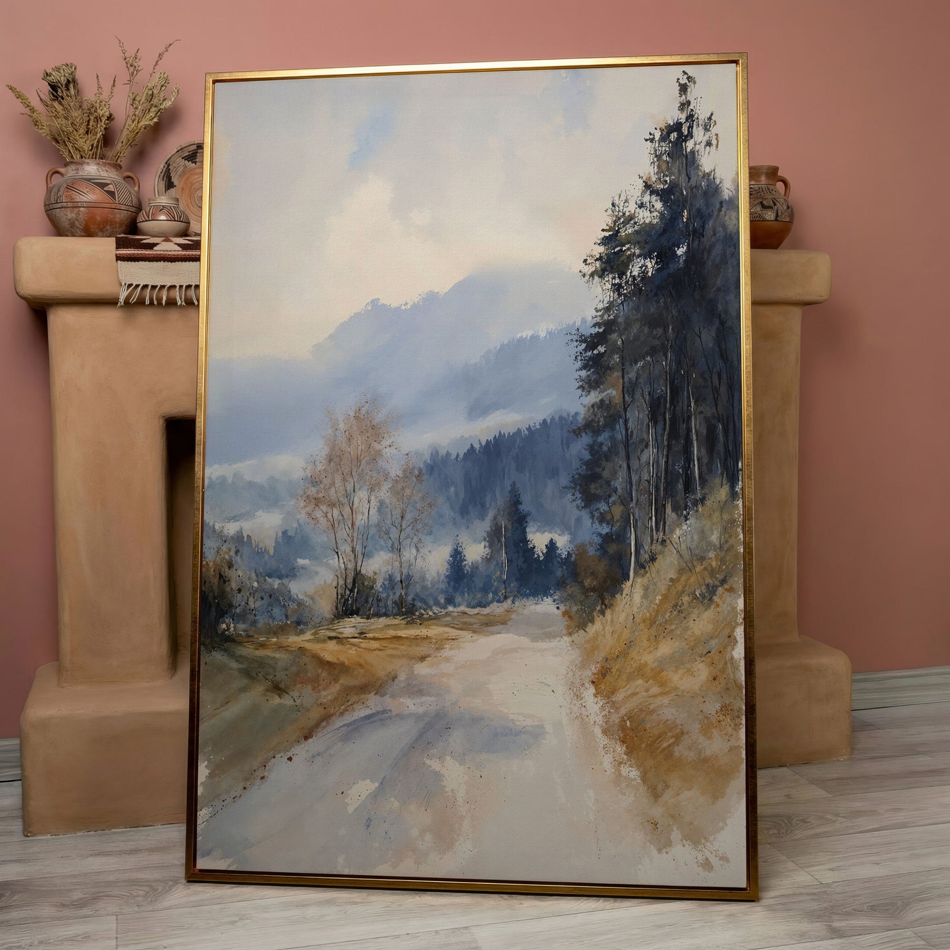 Country Road into Mist and Mountains Canvas in rose gold floating frame
