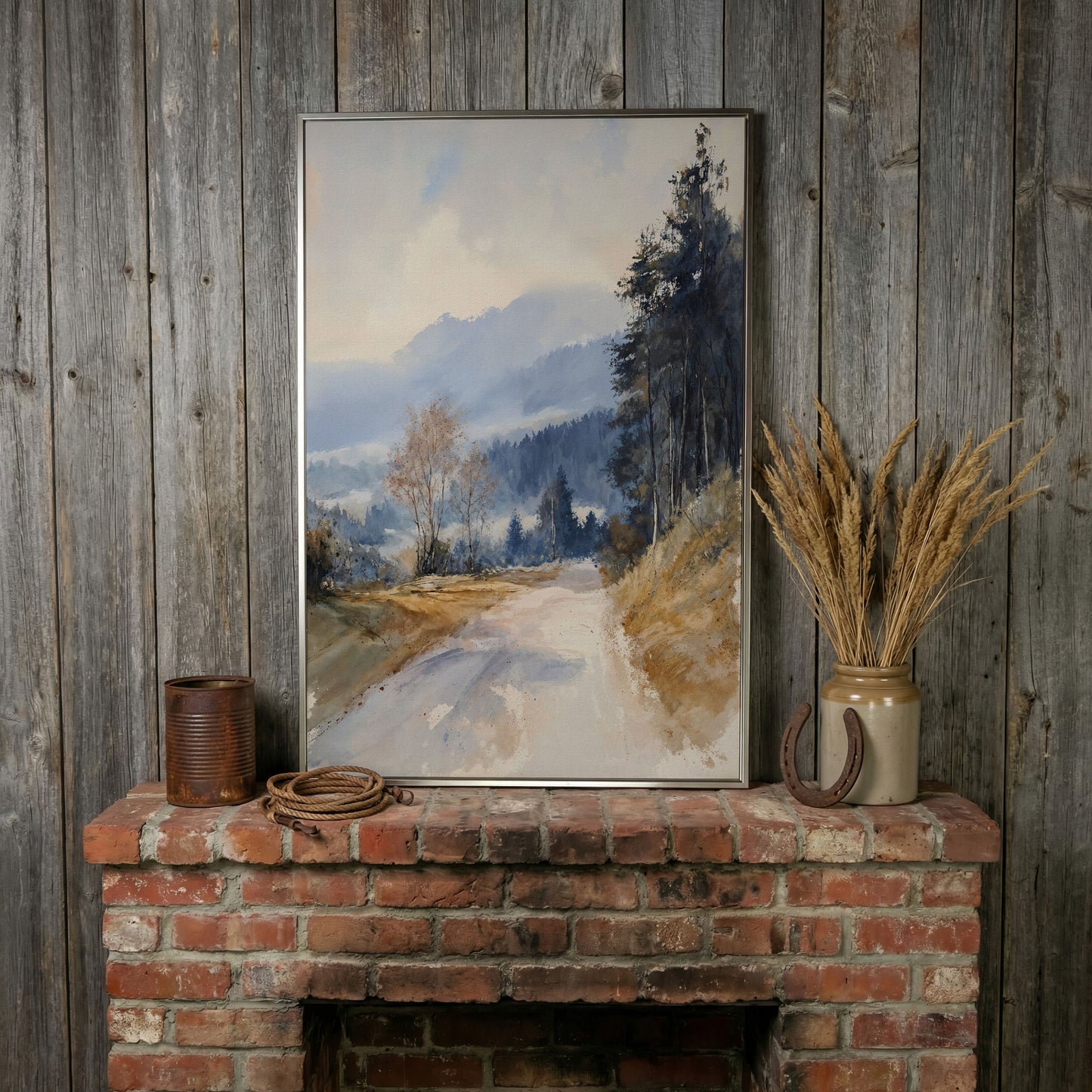 Country Road into Mist and Mountains Canvas in silver floating frame
