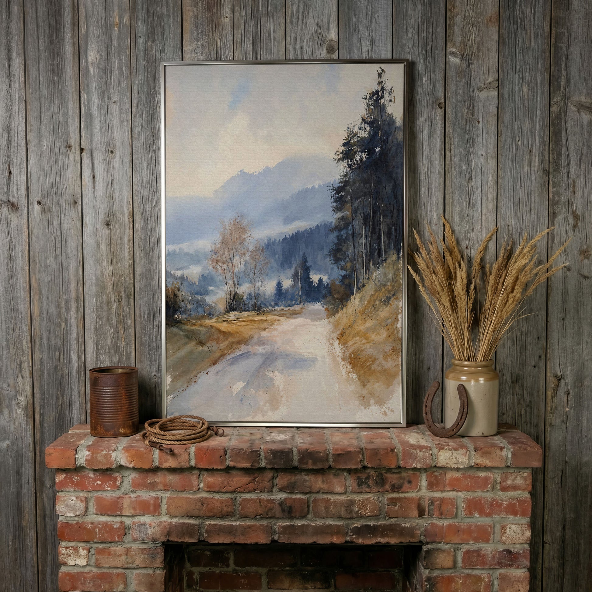 Country Road into Mist and Mountains Canvas in silver floating frame