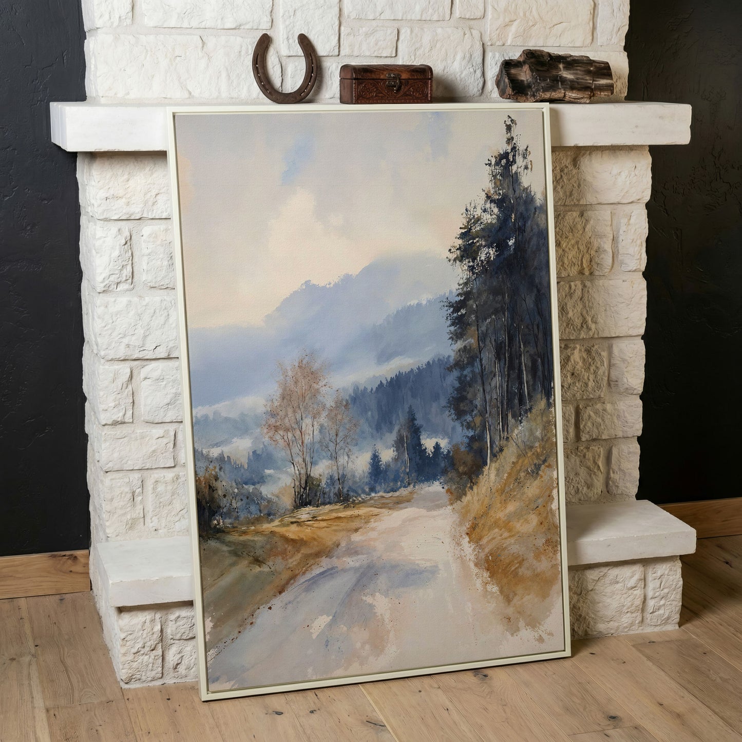 Country Road into Mist and Mountains Canvas in white floating frame