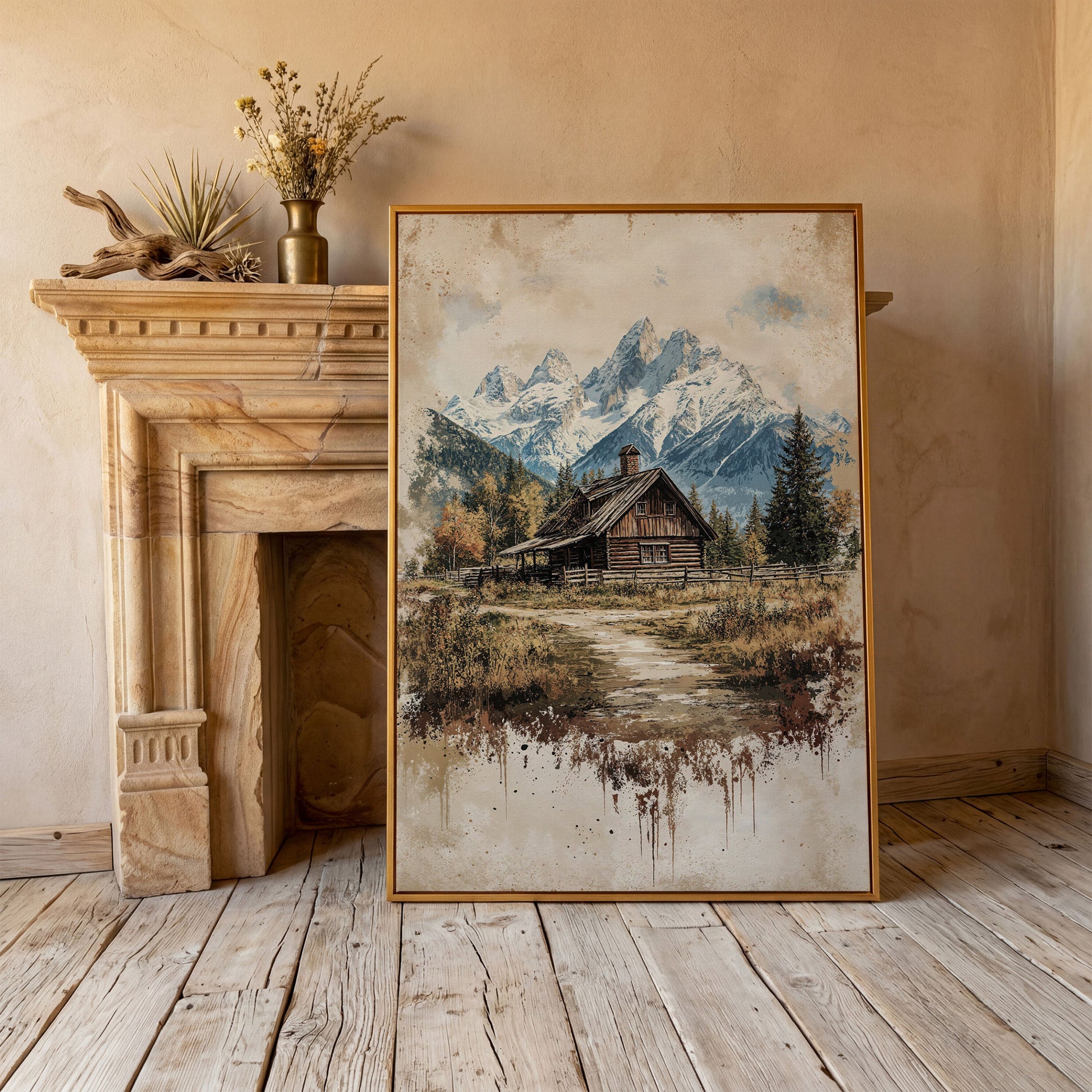 Log Cabin in Autumn Mountains Canvas Wall Art in antique gold floating frame