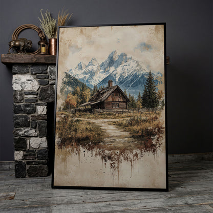 Log Cabin in Autumn Mountains Canvas Wall Art in black floating frame