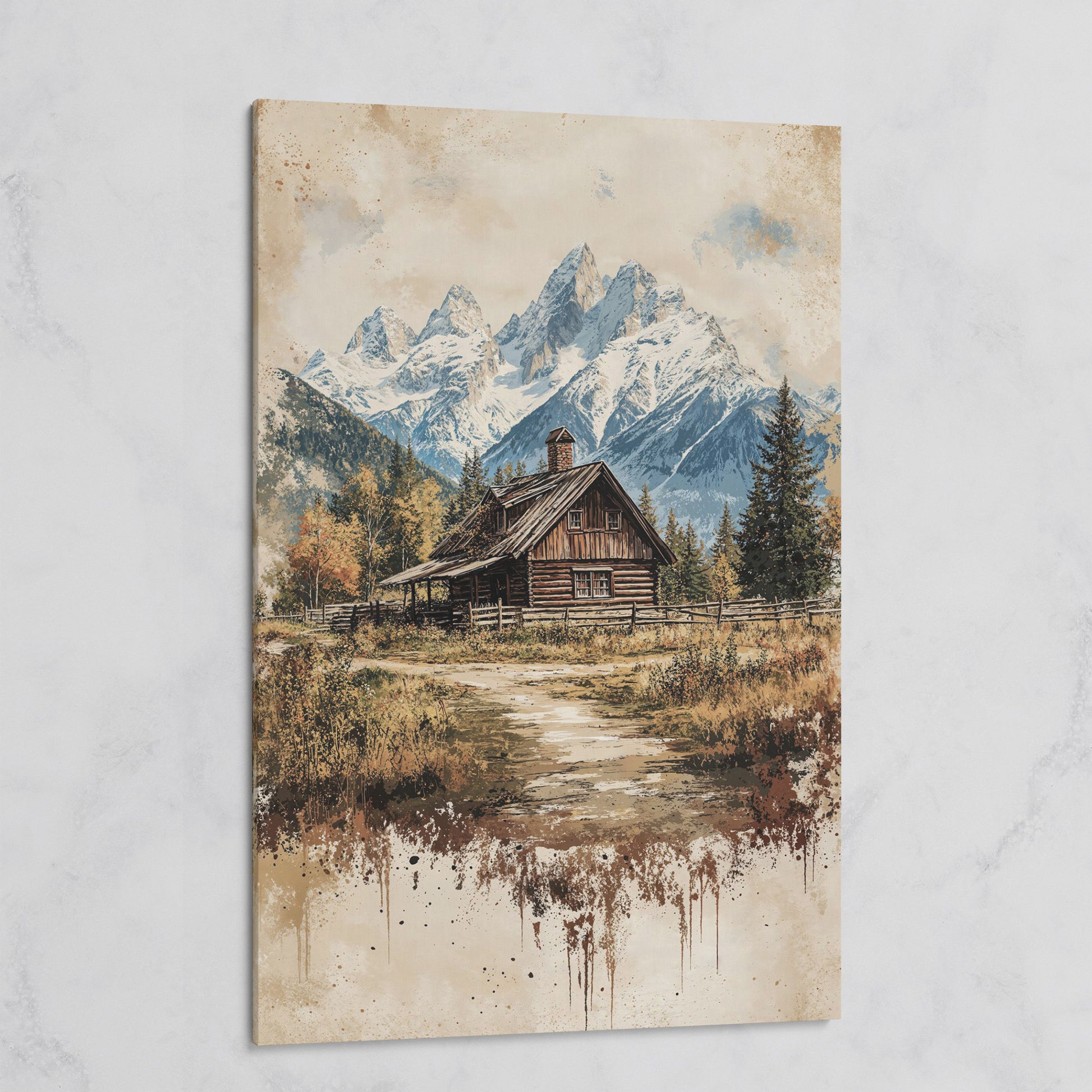 Log Cabin in Autumn Mountains Canvas Wall Art on gallery wrap
