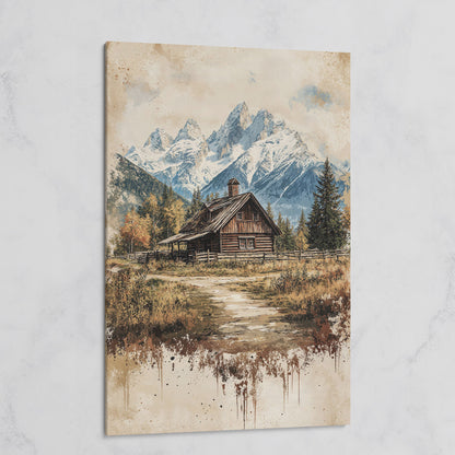 Log Cabin in Autumn Mountains Canvas Wall Art on gallery wrap
