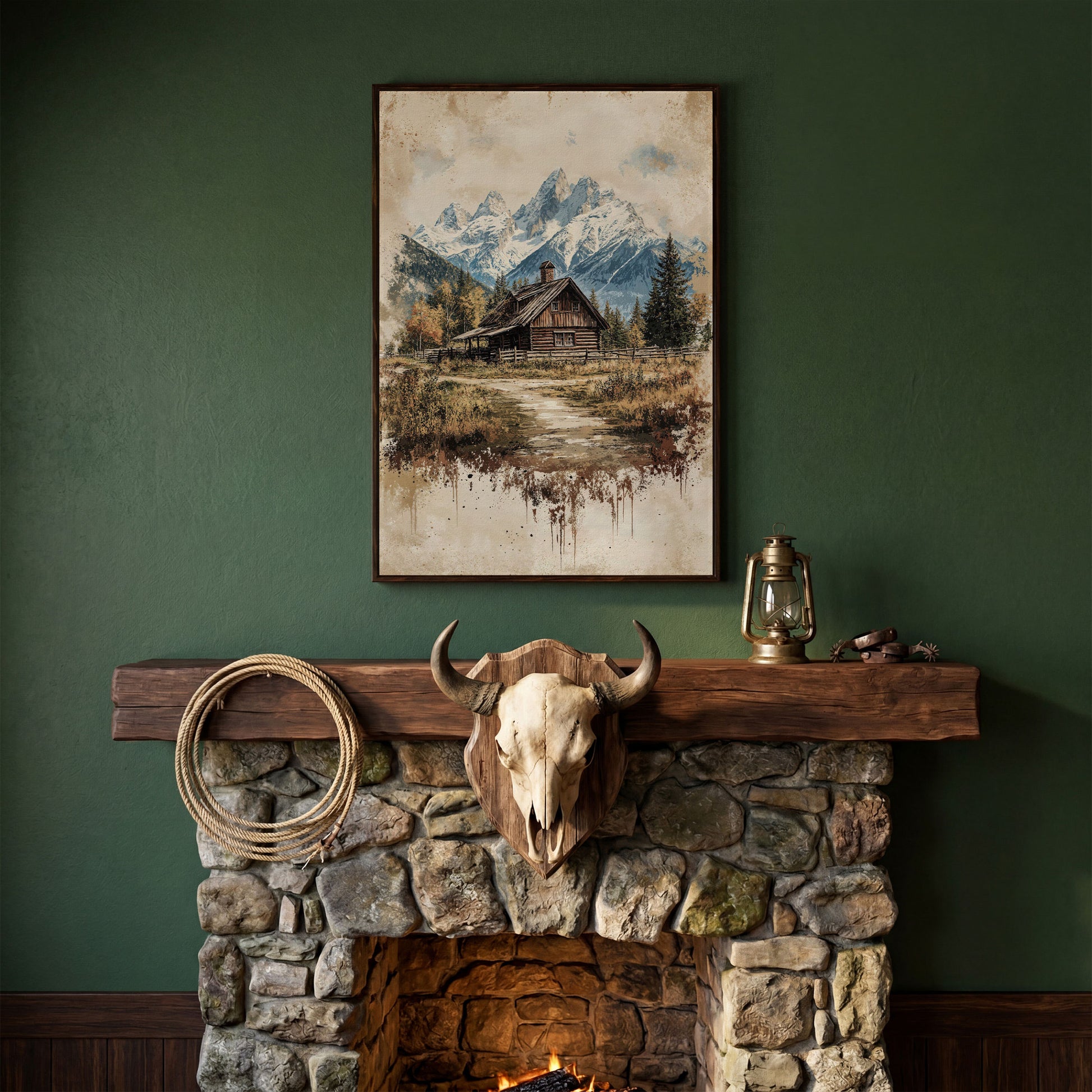 Log Cabin in Autumn Mountains Canvas Wall Art in dark walnut floating frame
