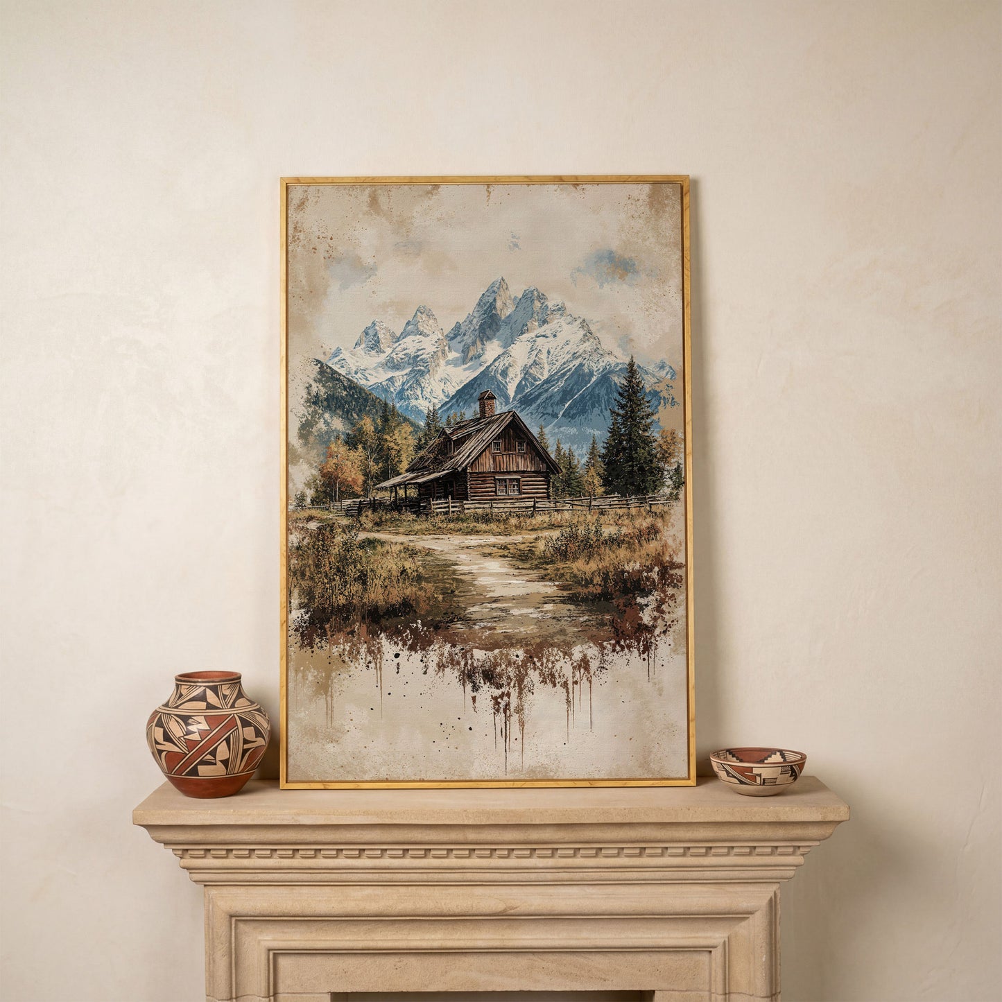 Log Cabin in Autumn Mountains Canvas Wall Art in white oak floating frame
