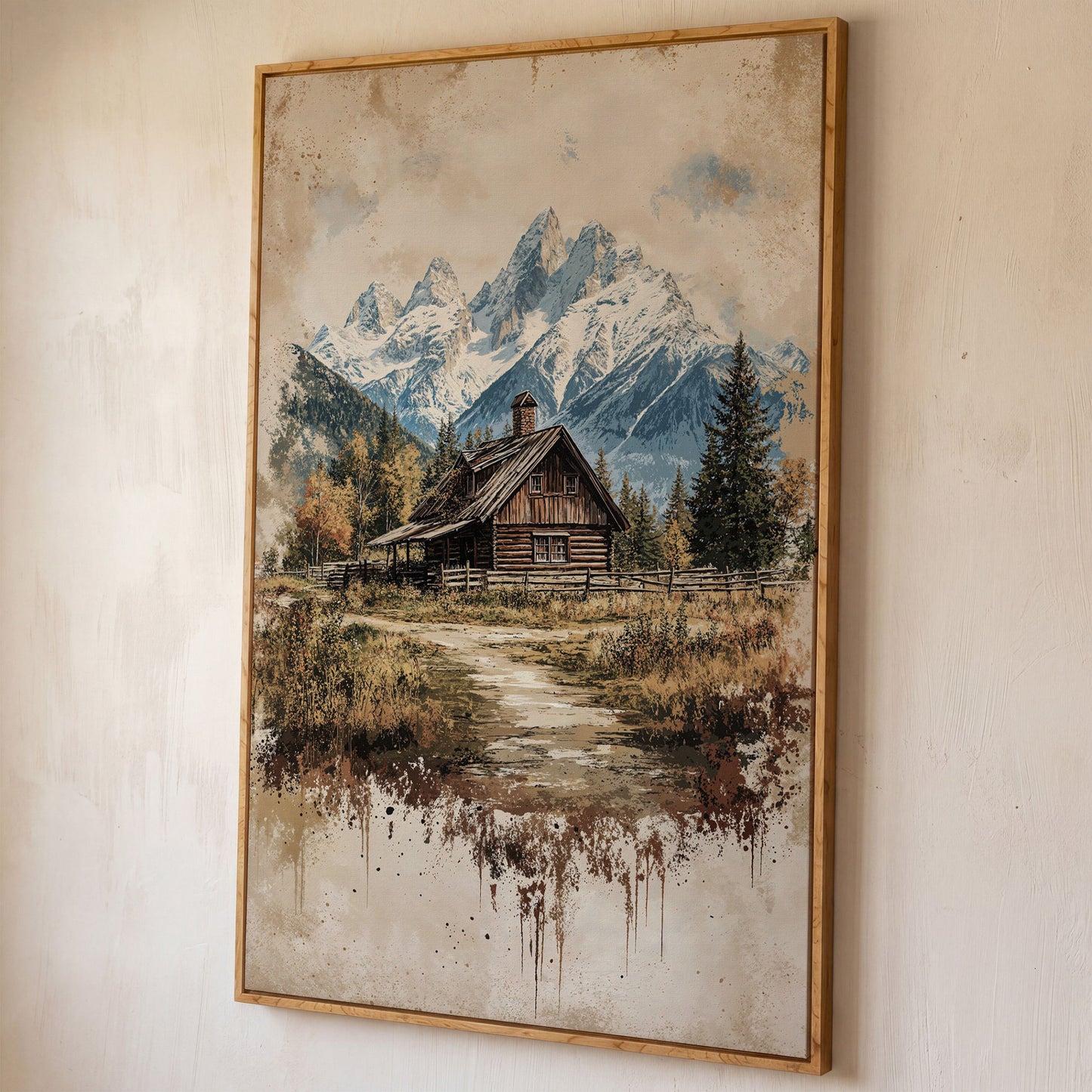 Log Cabin in Autumn Mountains Canvas Wall Art shown in white oak floating frame